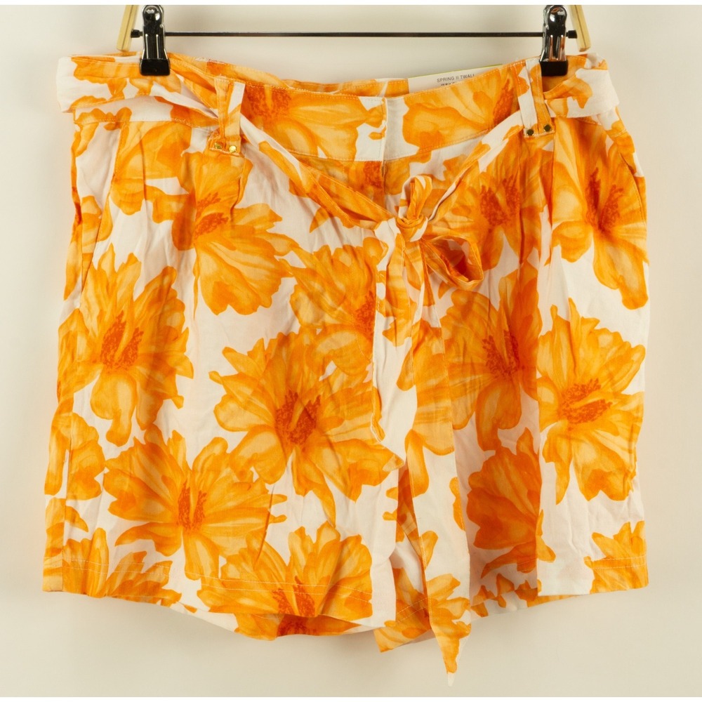 INC International Concepts Orange Floral Belted Linen Shorts Womens 14 High Rise